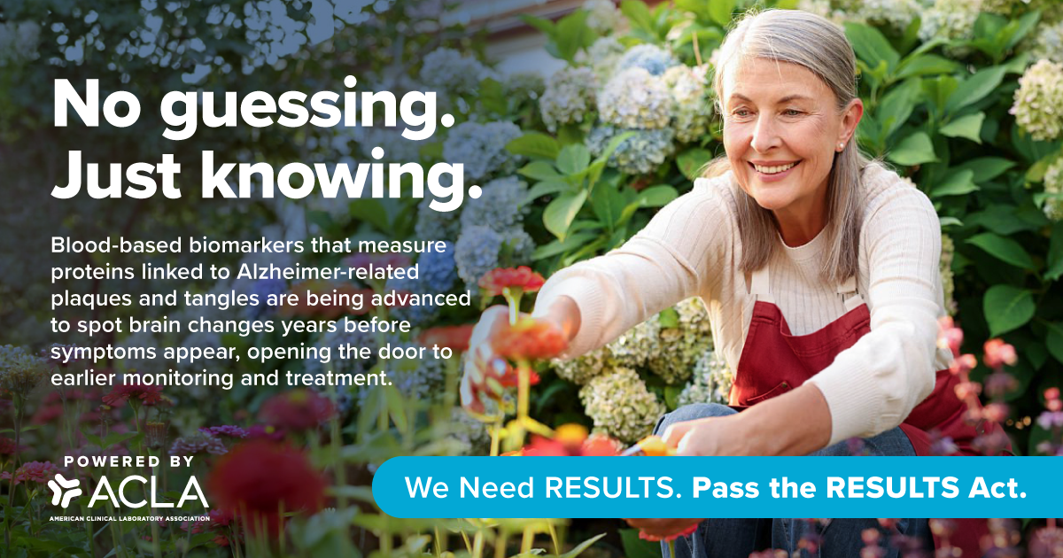 No Guessing. Just Knowing. RESULTS Act graphic about blood-based biomarkers and Alzheimer-related changes